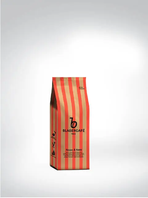 Verpackung von Blasercafé Rosso & Nero Kaffee mit roten und orangefarbenen Streifen