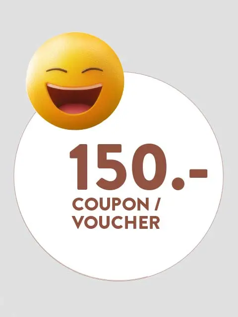 Image d'un bon de 150 euros avec un emoji souriant