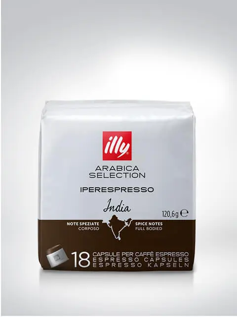 Verpackung von illy Arabica Selection Iperespresso Kapseln India mit 18 Kapseln, 120,6g. Noten von Gewürzen und vollmundigem Geschmack.