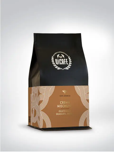 Packung der Crema Mischung Kaffee von Única Café, 100% Arabica, Herkunft aus Guatemala, Brasilien, Indien