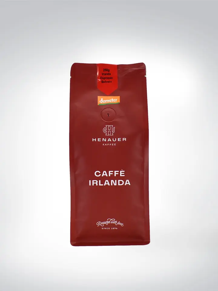 Verpackung von Henauer Caffè Irlandia Espressobohnen, 250g, Demeter-zertifiziert.