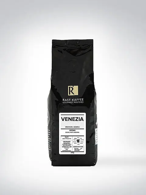 Schwarze Verpackung des Venezia Kaffees von Rast Kaffee Gourmet Rösterei, 250g Beutel, Arabica Bohnen