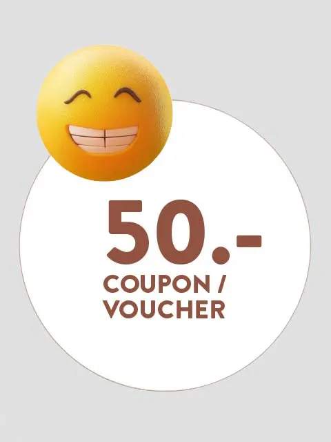 Image d'un bon de 50 euros avec un émoji souriant.