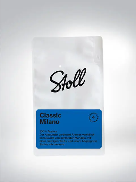 Emballage du café Stoll Classic Milano au goût de chocolat au lait et d'amandes grillées.